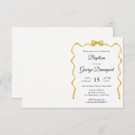 Gold Bow Taufen Religious event custom Foto Einladung (Vorne/Hinten)