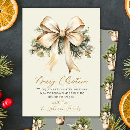 Gold Bow Watercolor Christmas Foliage Beige Feiertagskarte