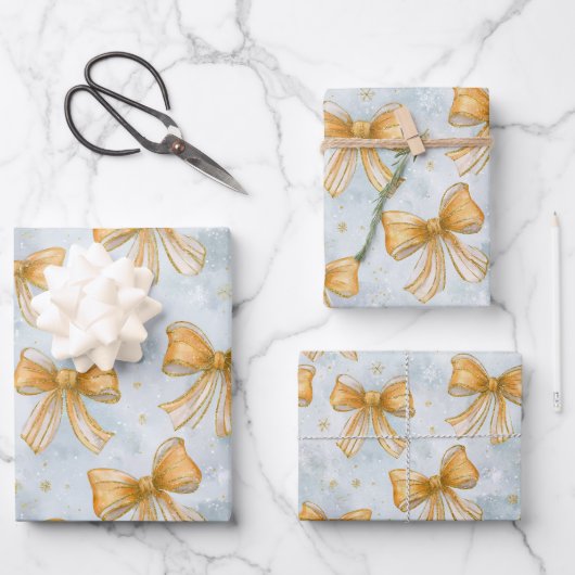 Gold Bows Baby Blue Christmas Geschenkpapier Set (Vorderseite)