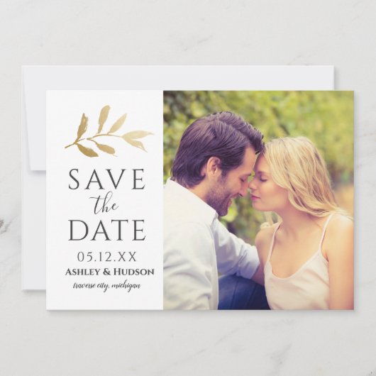 Gold Branch Wedding Foto White Save The Date (Vorderseite)