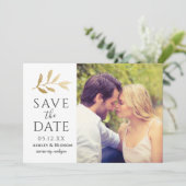 Gold Branch Wedding Foto White Save The Date (Stehend Vorderseite)