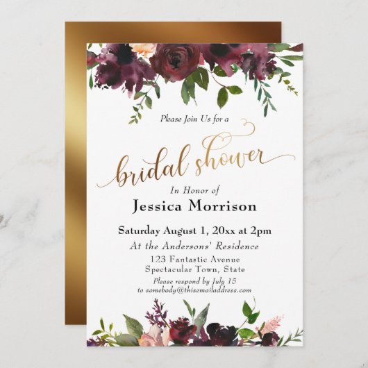 Gold Brautparty Burgundy Watercolor Blume Einladung (Vorne/Hinten)