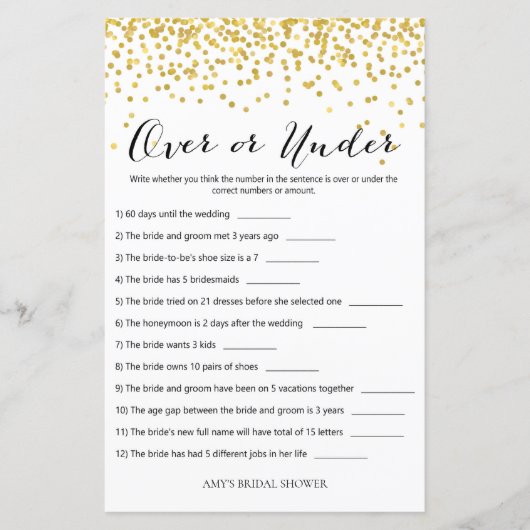 Gold Brautparty Game - Over oder Under (Vorderseite)