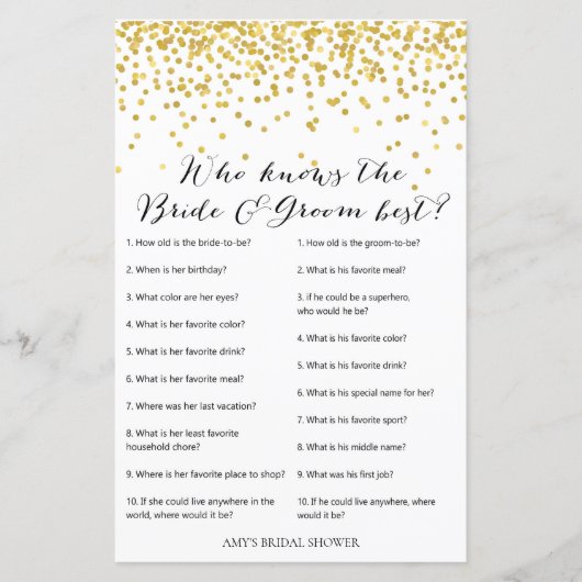 Gold Brautparty Game - wer Braut und Bräutigam ken (Vorderseite)