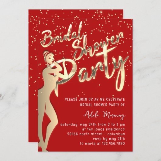 Gold Brautparty Roter Wein Confetti Einladung (Vorne/Hinten)