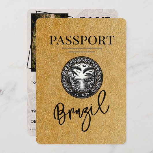 Gold Brazil Passport Save the Date (Vorne/Hinten)
