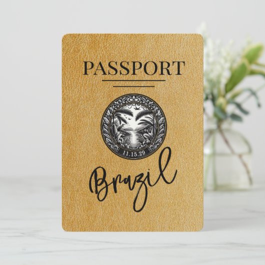 Gold Brazil Passport Save the Date (Stehend Vorderseite)
