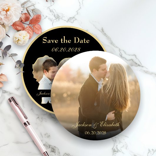 Gold Bridge und Groom Shape Foto Runde Hochzeit Save The Date
