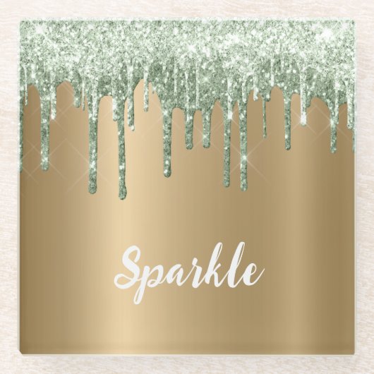 Gold Bronze Mint Grün Glitter Tropfen Glasuntersetzer (Vorderseite)