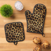Gold Brown Black Leopard Print Ofenhandschuh & Topflappen-Set (Oben Unten)