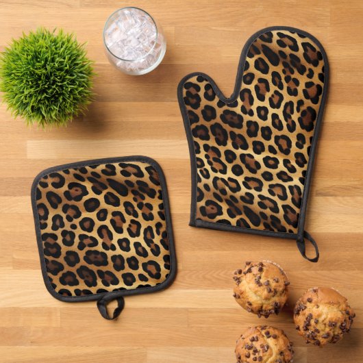 Gold Brown Black Leopard Print Ofenhandschuh & Topflappen-Set (Oben Unten)