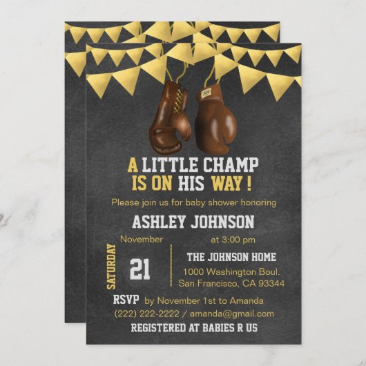 Gold Brown Boy Boxe Boxing Baby Shower Einladungen (Vorne/Hinten)