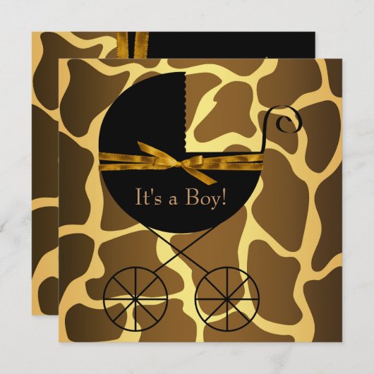 Gold Brown Carriage Boy Giraffe Baby Dusche Einladung (Vorne/Hinten)