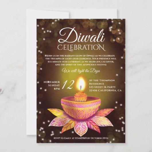 Gold brown Diwali Lamps light illustration script Einladung (Vorderseite)
