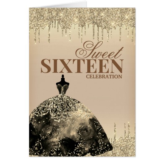 Gold Brown Glitzer Sweet 16 Geburtstag Einladung (Vorne)