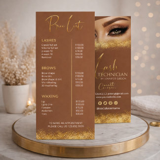 Gold & Brown Lash Tech Preisliste | Luxus Schönhei Werbekarte