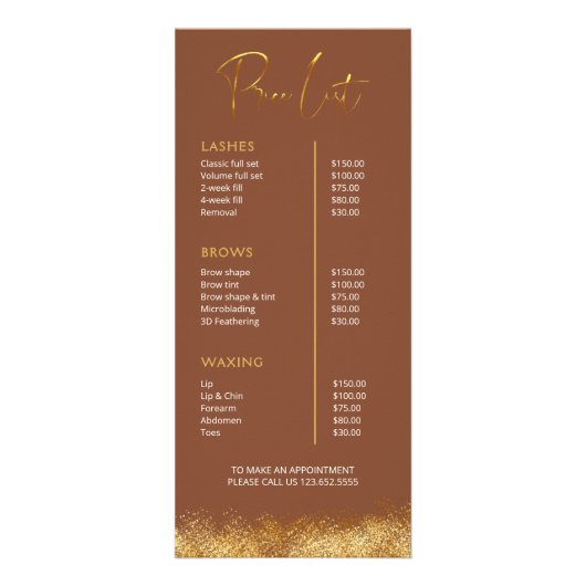 Gold & Brown Lash Tech Price List | Luxury Beauty  Werbekarte (Vorne)