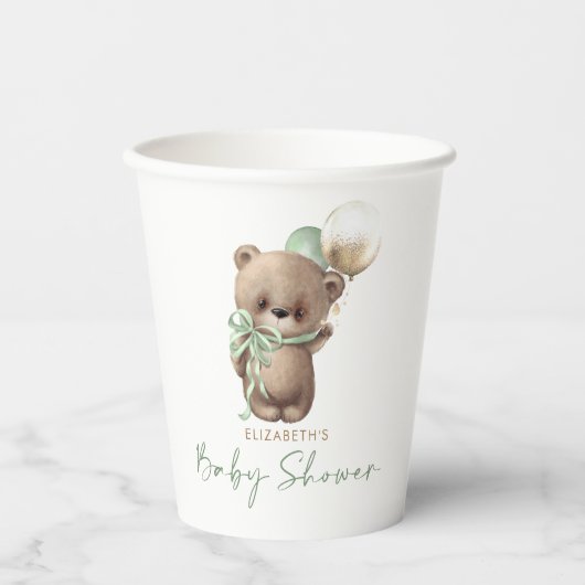 Gold Brown Sage Green Teddy Bear Baby Shower Pappbecher (Vorderseite)