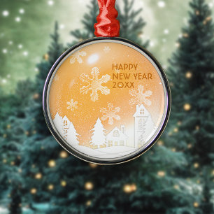 Gold Brown White Snow House Frohes Neues Jahr Ornament Aus Metall