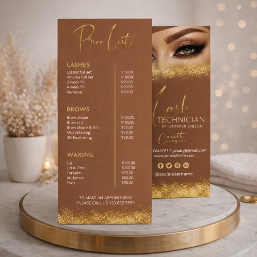 Gold & Brown Wimpernstyling Preisliste | Luxus Sch Werbekarte