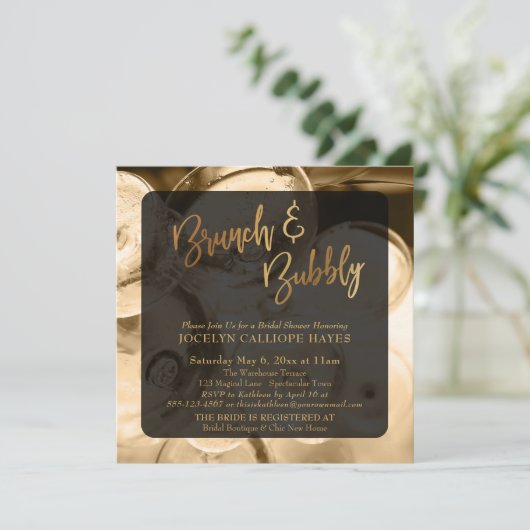 Gold Brunch & Bubbly Champagner Foto Einladung (Stehend Vorderseite)