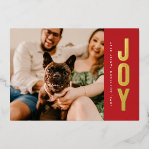 Gold Brush Stamps JOY auf Christmas Red Foto Folien Feiertagskarte
