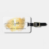 Gold Brush Stroke White Monogram Black Script Name Gepäckanhänger (Vorderseite horizontal)