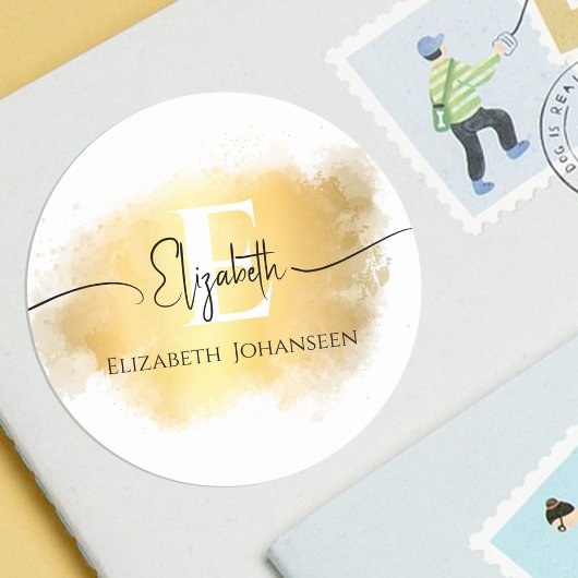 Gold Brush Stroke White Monogram Black Script Name Runder Aufkleber