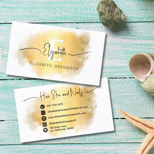 Gold Brush Stroke White Monogram Black Script Name Visitenkarte