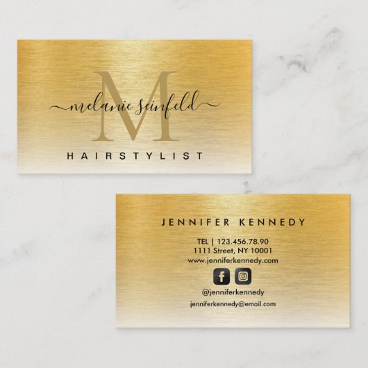 Gold Brushed Metal Elegante Monogram Script modern Visitenkarte (Vorne/Hinten)