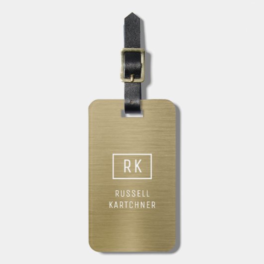 Gold Brushmetall Modernes Monogramm Gepäckanhänger (Vorderseite vertikal)
