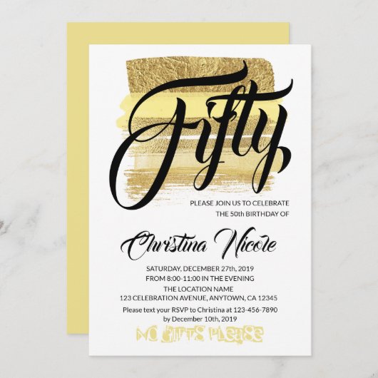 Gold Brushs Funkelnd 50 Geburtstagsparty Trendy Einladung (Vorne/Hinten)