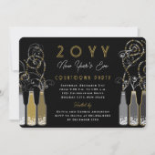Gold Bubbly Flaschen Wirbel Silvesterabend Party Einladung (Vorderseite)