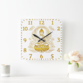 Gold Buddha sitzend in Lotus Pose. Quadratische Wanduhr (Zuhause)