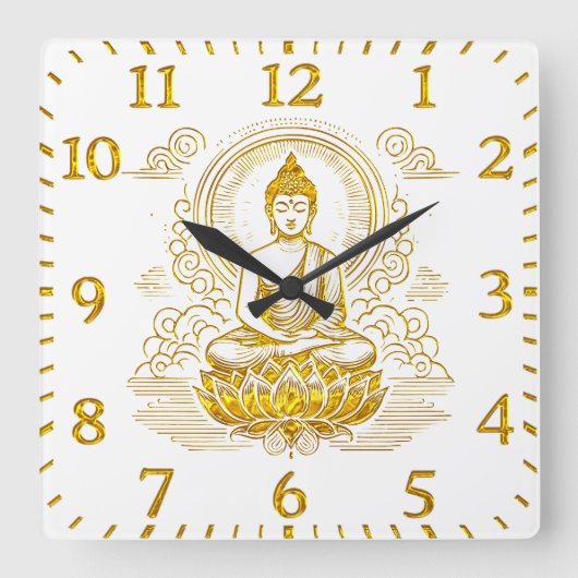 Gold Buddha sitzend in Lotus Pose. Quadratische Wanduhr (Vorderseite)
