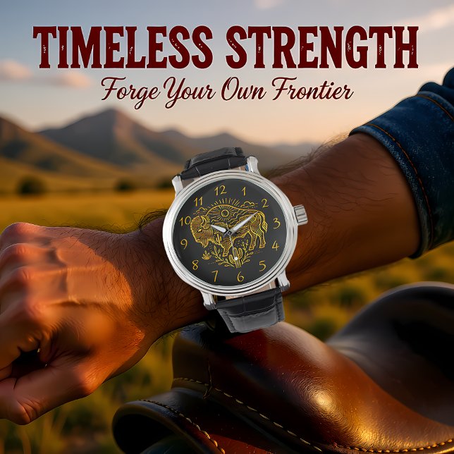 Gold Buffalo Grazing Under the Sun Near Mountains Armbanduhr (Von Creator hochgeladen)