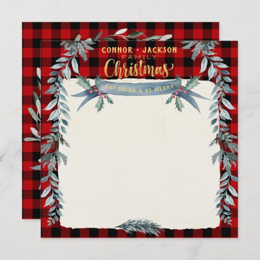 Gold & Buffalo Karierte Weihnachtsfest Menükarte (Vorne/Hinten)