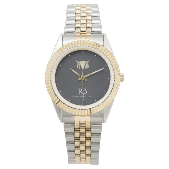 Gold Buffalo Skull Black Metallic Watch Armbanduhr (Vorderseite)