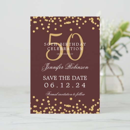 Gold Burgund 50. Geburtstag Save the Date Details Einladung (Stehend Vorderseite)