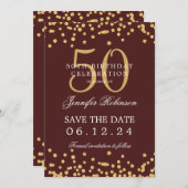 Gold Burgund 50. Geburtstag Save the Date Details Einladung (Vorne/Hinten)