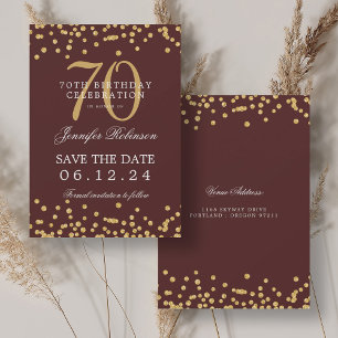 Gold Burgund 70. Geburtstag Save the Date Confetti Einladung