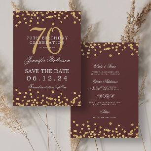 Gold Burgund 70. Geburtstag Save the Date Details Einladung