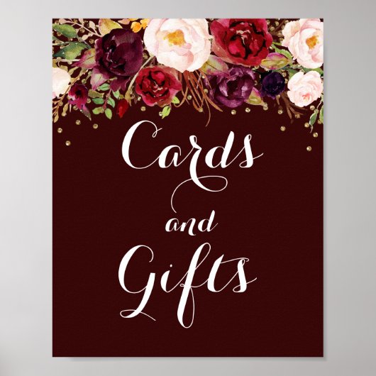 Gold Burgund Blumenkarten und Geschenke Hochzeit Poster (Vorne)