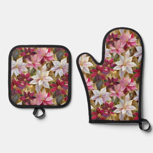 Gold Burgund Bronze Pink Red White Poinsettia Ofenhandschuh & Topflappen-Set (Vorderseite)