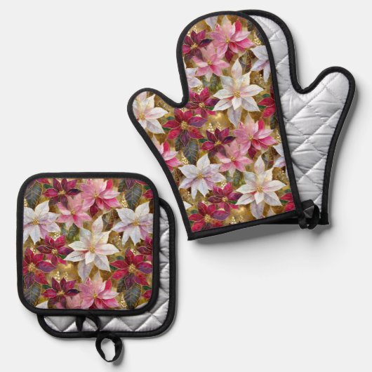 Gold Burgund Bronze Pink Red White Poinsettia Ofenhandschuh & Topflappen-Set (Vorderseite/Rückseite)