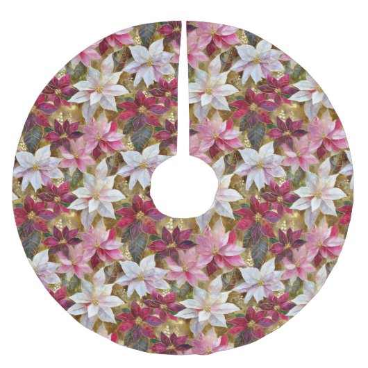 Gold Burgund Bronze Pink Red White Poinsettia Polyester Weihnachtsbaumdecke (Vorderseite)