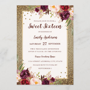 Gold Burgund floral Funkelnde Sweet Sixteen Einlad Einladung