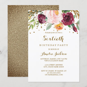 Gold Burgund Florales Glitter 60. Geburtstagsfeier Einladung
