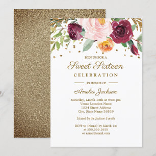 Gold Burgund Florales Glitter Sweet Sixteen Einladung