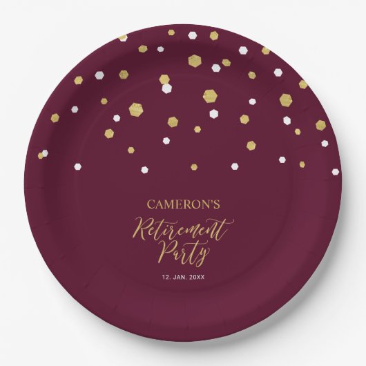 Gold & Burgund Red Chic Confetti Retirement Party Pappteller (Vorderseite)
